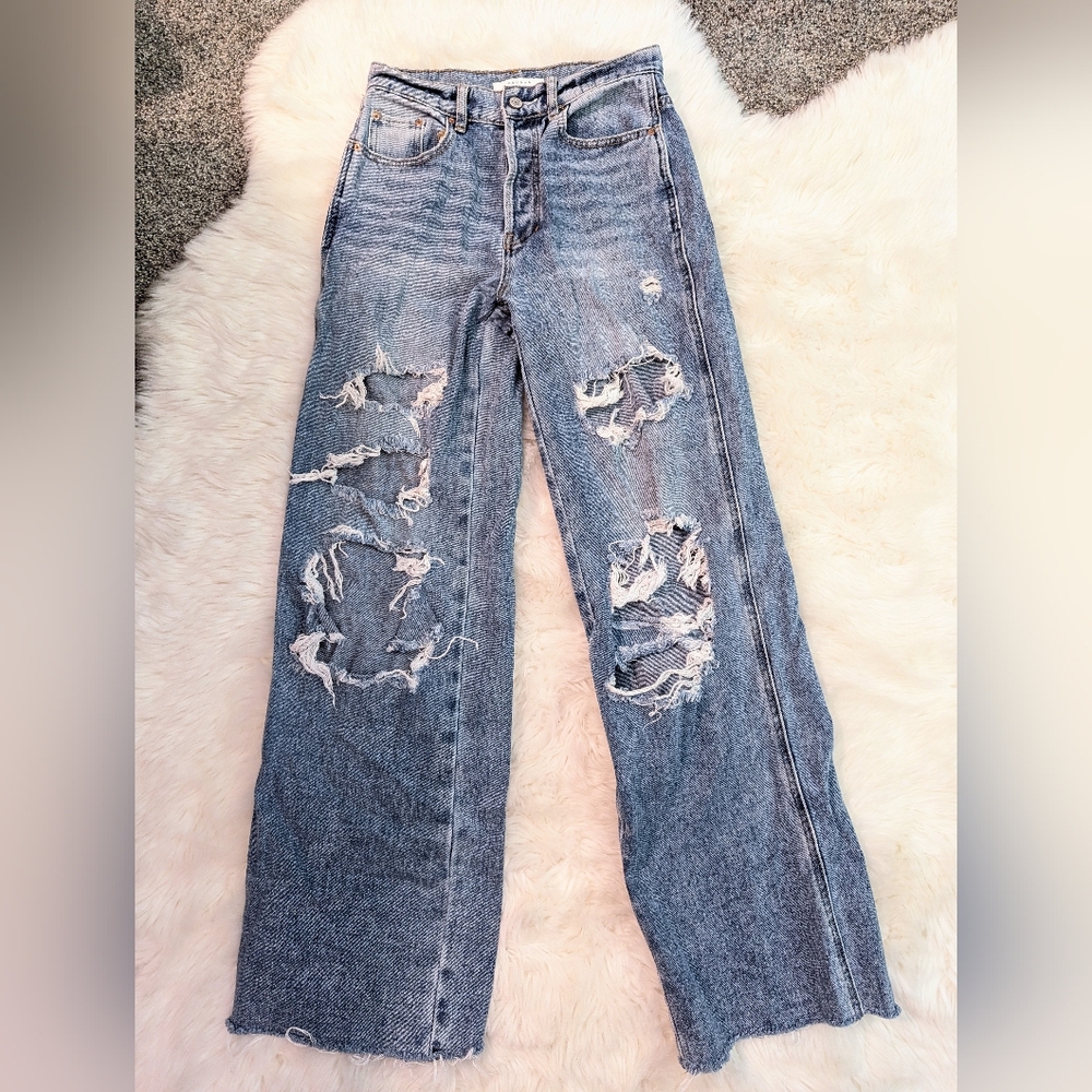 PACSUN Baggy Boyfriend Jeans Distressed & Destroyed Look Raw Edge Hem